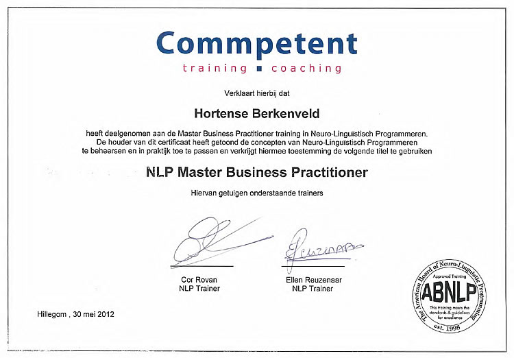 Certificaat NLP Master Business-Practitioner zogvj